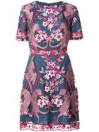 Marchesa Notte Floral Short Sleeve Cocktail Dress - Blue