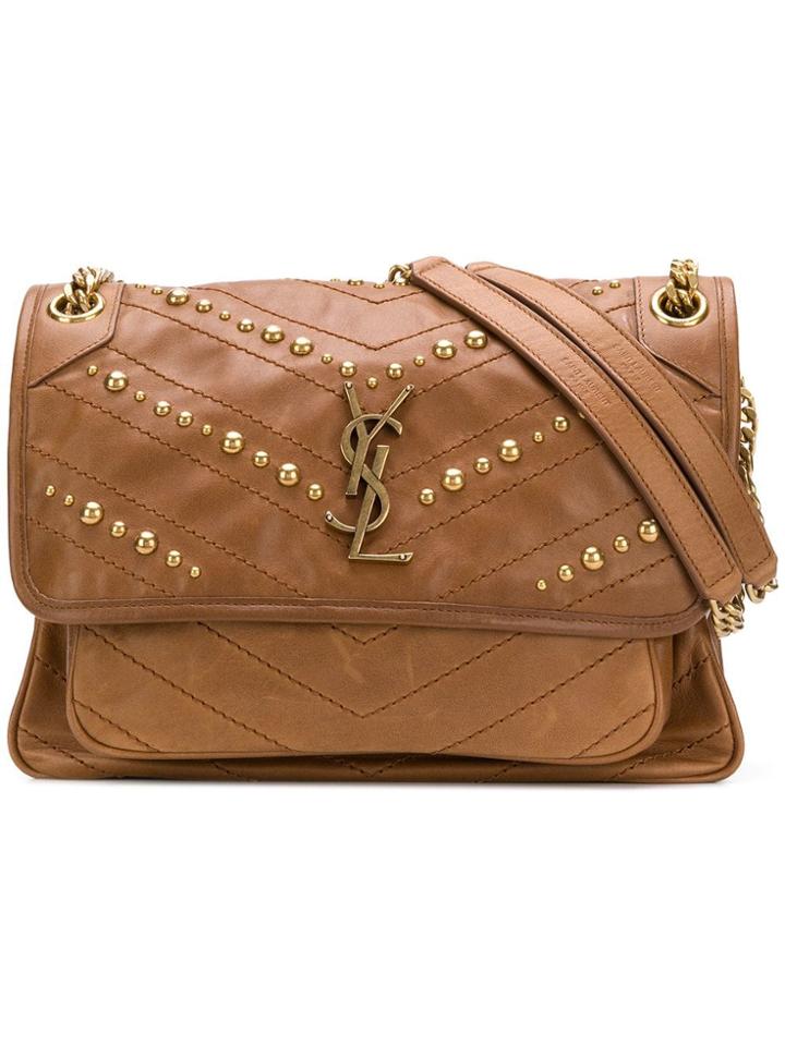 Saint Laurent Studed Shoulder Bag - Brown