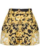 Versace High Waisted Baroque Print Silk Shorts - Black