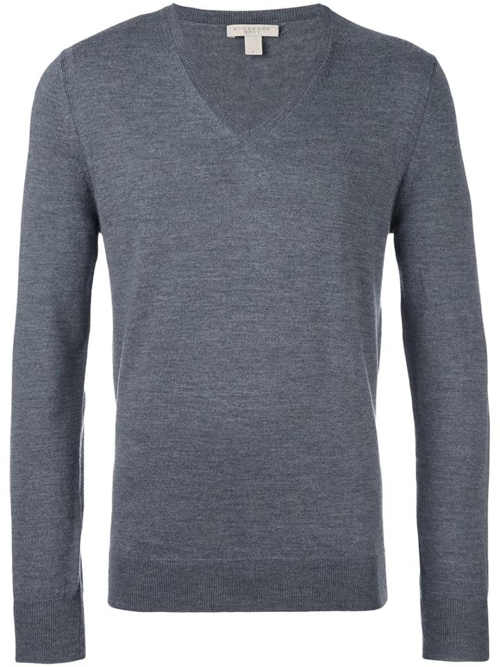 Burberry V Neck Jumper, Men's, Size: Medium, Grey, Wool