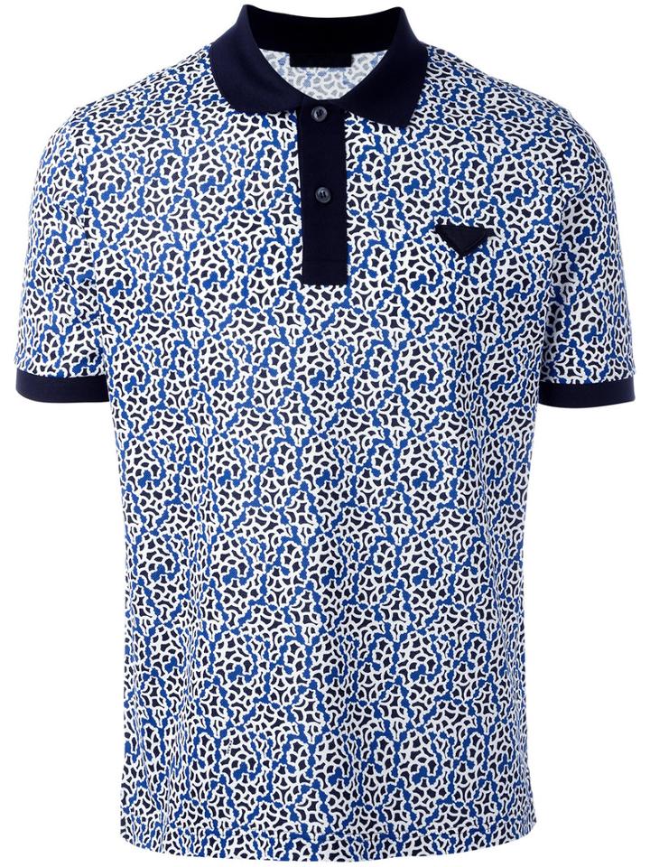 Prada Abstract Print Polo Shirt, Men's, Size: Medium, Blue, Cotton