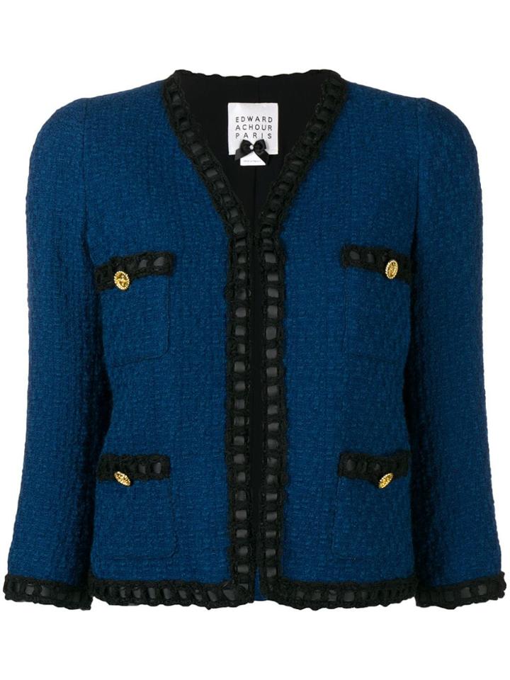Edward Achour Paris V-neck Tweed Jacket - Blue