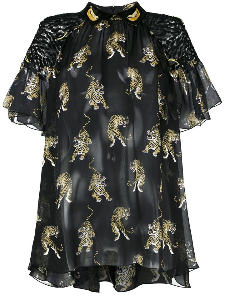 Giamba Tiger Print Blouse, Women's, Size: 44, Black, Silk/polyamide/polyester/polyester
