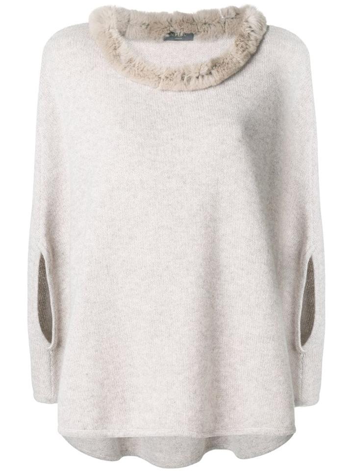 N.peal Fur Collared Cashmere Poncho - Neutrals