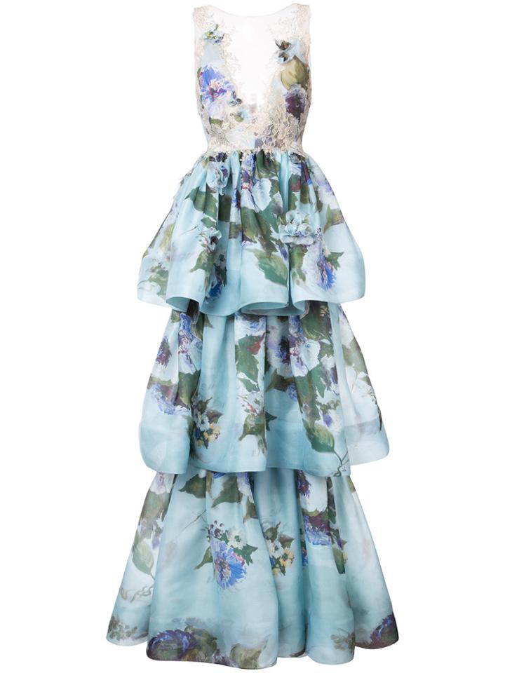 Marchesa Floral Patterned Layered Gown - Blue