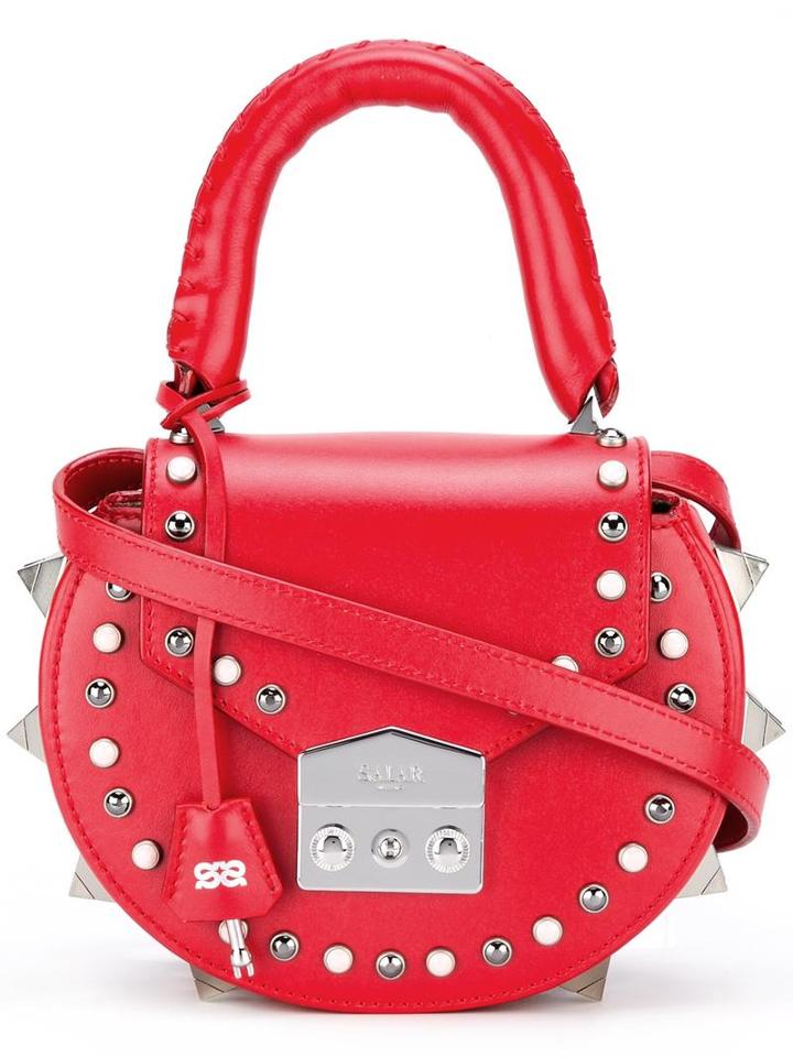 Salar Round Stud Shoulder Bag, Women's, Red, Calf Leather/calf Suede