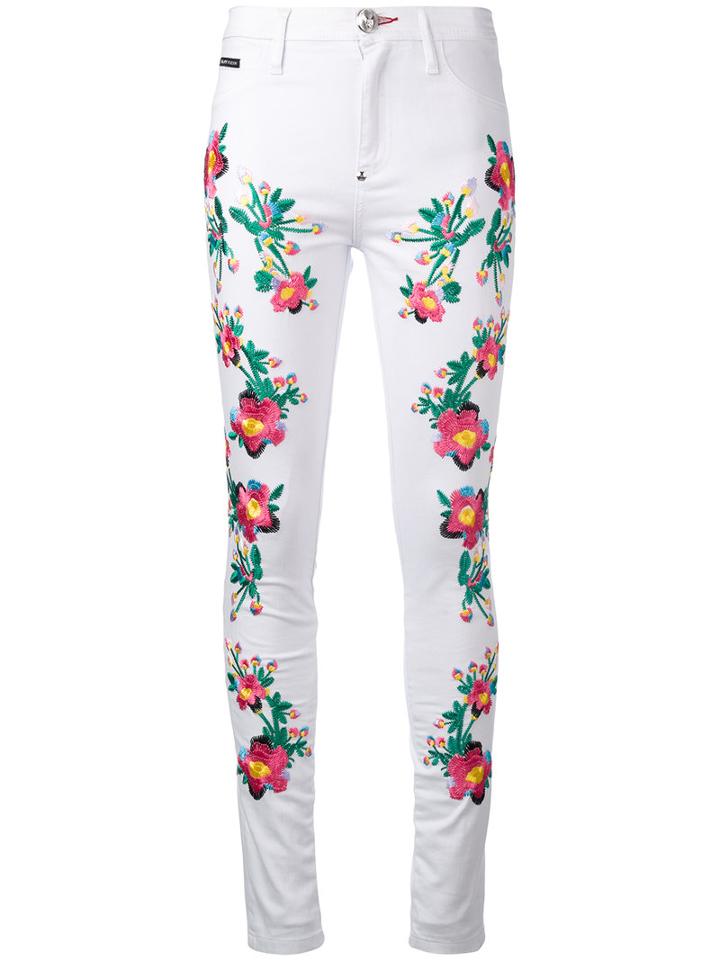 Philipp Plein - Floral Panel Trousers - Women - Cotton/spandex/elastane - 26, Women's, White, Cotton/spandex/elastane