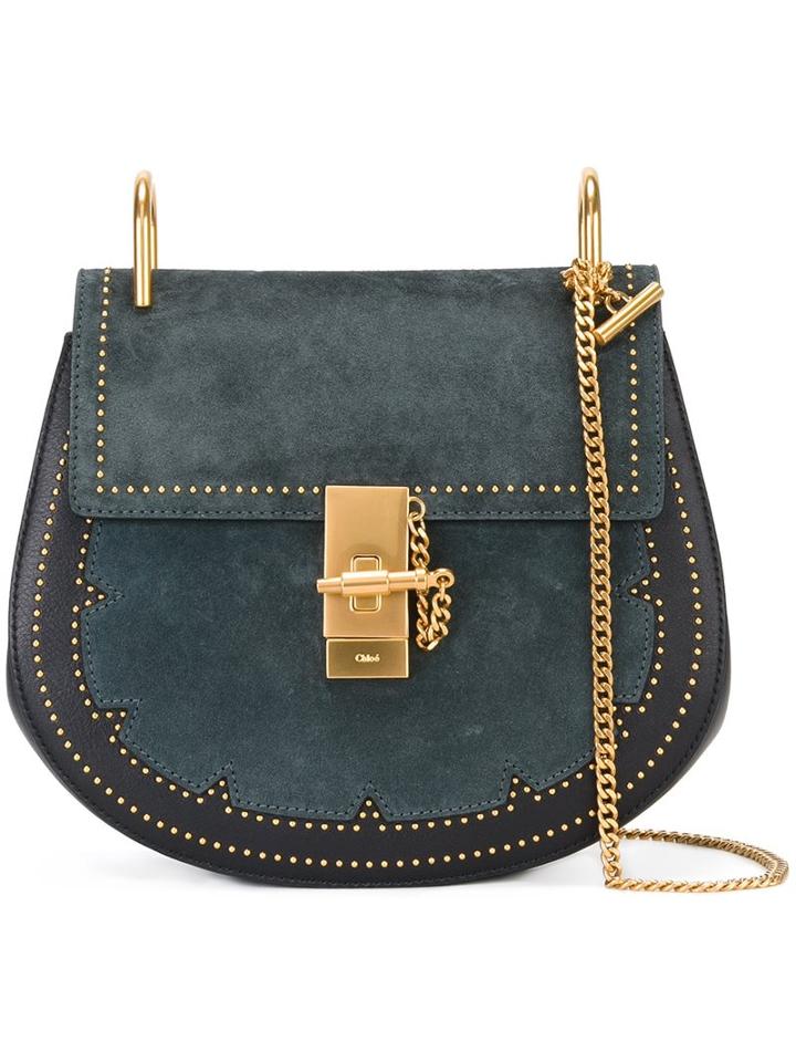 Chloé Studded 'drew' Shoulder Bag, Women's, Green, Calf Leather/calf Suede