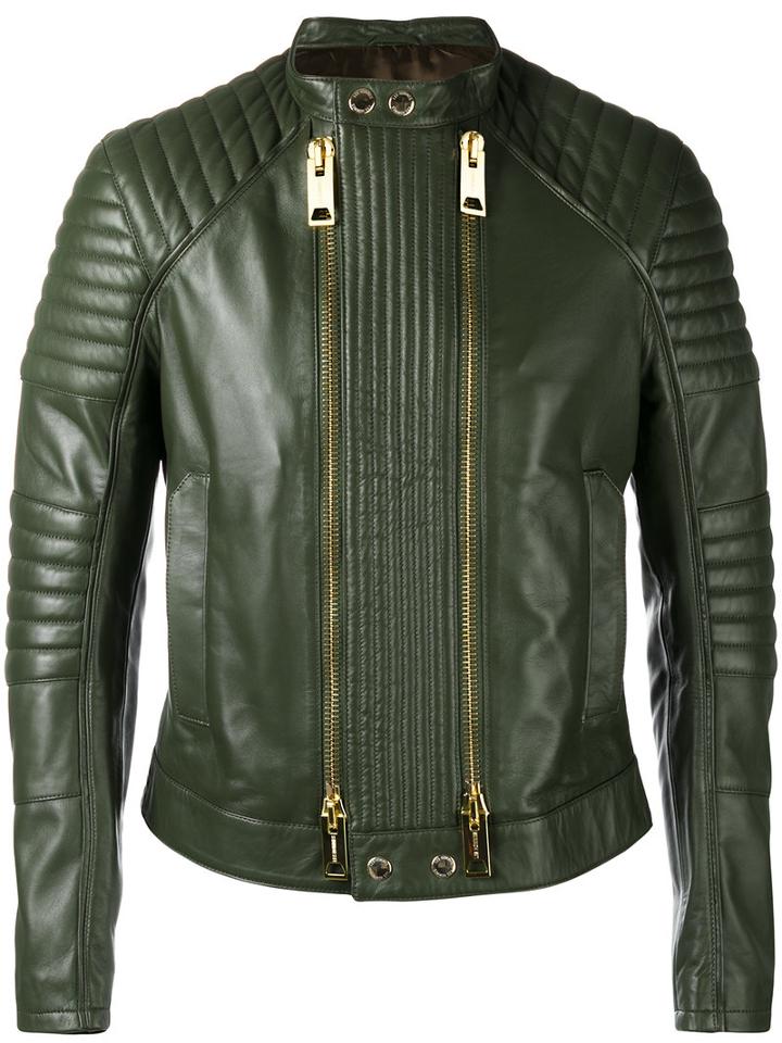 Les Hommes - Biker Jacket - Men - Lamb Skin/acetate - 46, Green, Lamb Skin/acetate