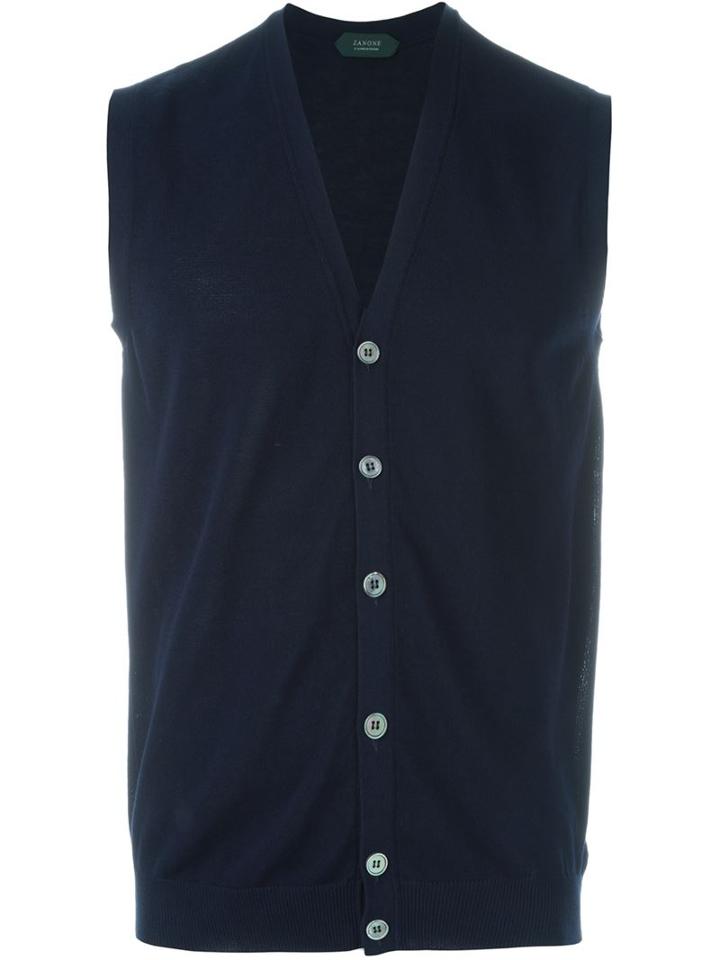 Zanone Buttoned V-neck Vest, Men's, Size: 48, Blue, Cotton