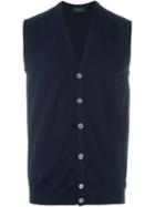 Zanone Buttoned V-neck Vest, Men's, Size: 48, Blue, Cotton