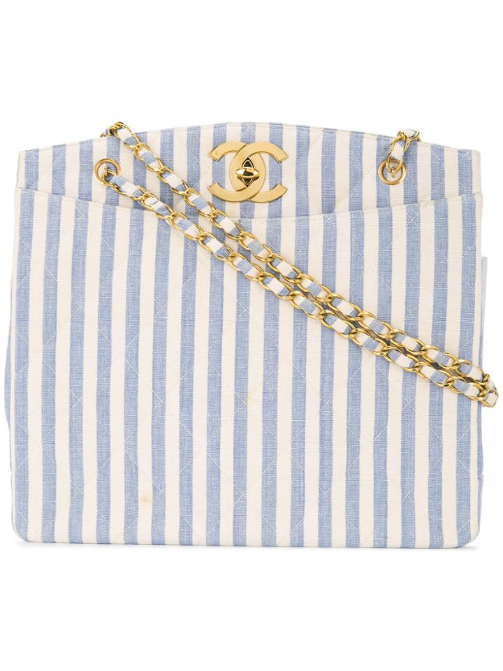 Chanel Vintage Cc Logo Stripe Chain Bag - White