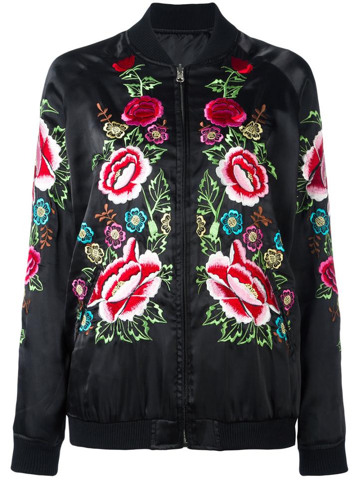 P.a.r.o.s.h. Rose Embroidered Bomber Jacket, Women's, Size: Medium, Black, Polyester