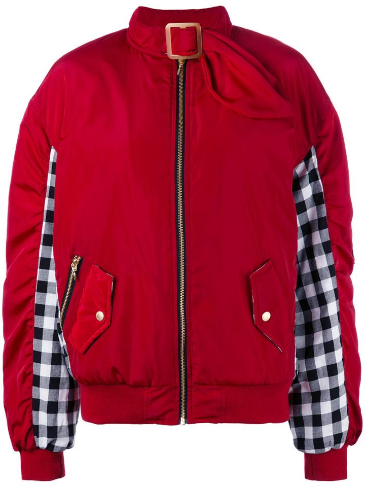 House Of Holland - Gingham Panel Bomber Jacket - Women - Cotton/polyester - 8, Red, Cotton/polyester