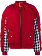 House Of Holland - Gingham Panel Bomber Jacket - Women - Cotton/polyester - 8, Red, Cotton/polyester