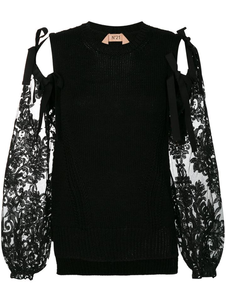 No21 Self-tie Lace Sleeve Top - Black