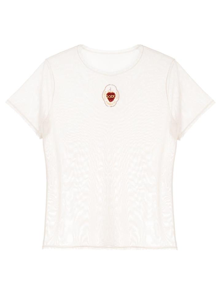 Tu Es Mon Trésor Heart Embroidered Mesh T-shirt - Yellow