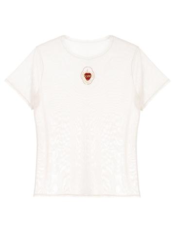 Tu Es Mon Trésor Heart Embroidered Mesh T-shirt - Yellow