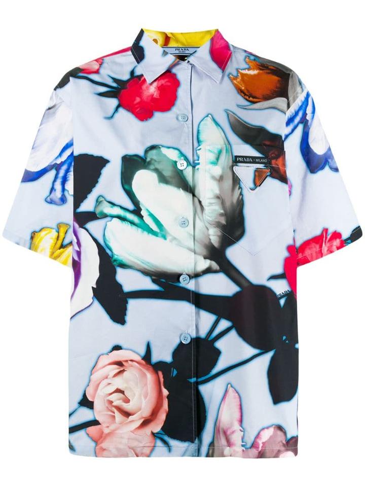 Prada Floral Print Poplin Shirt - Blue