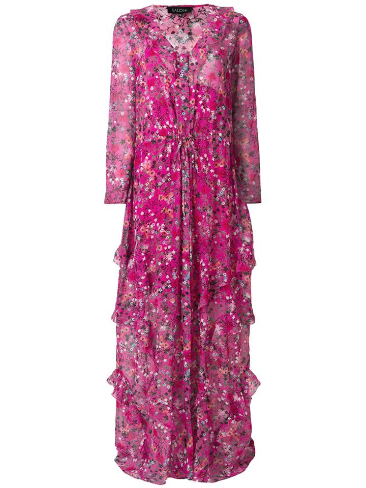 Saloni Long Floral Ruffle Dress - Pink & Purple