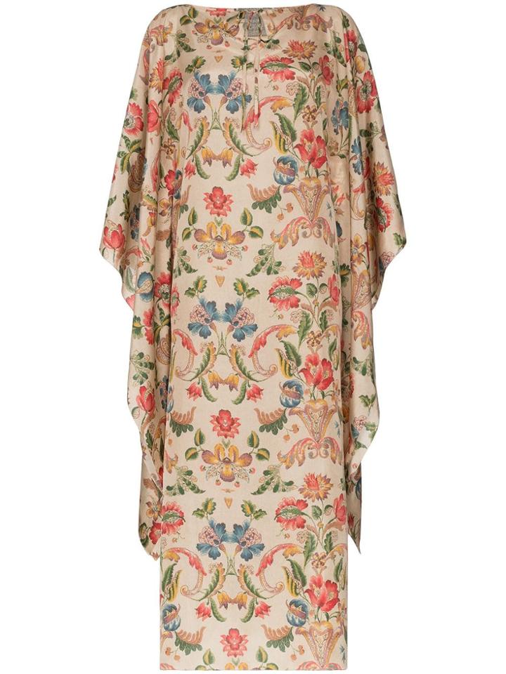 By Walid Ingrid Floral Silk Kaftan - Neutrals
