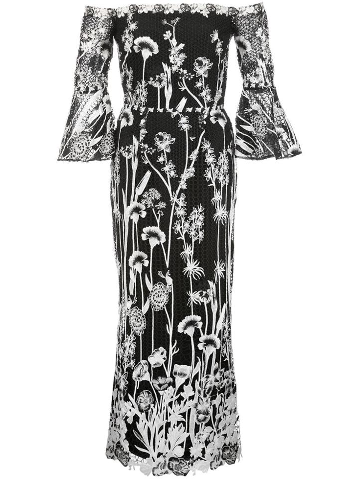 Marchesa Notte Floral Embroidered Bardot Maxi Dress - Black