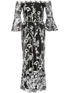 Marchesa Notte Floral Embroidered Bardot Maxi Dress - Black
