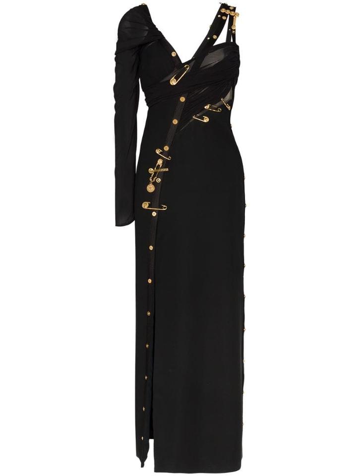 Versace Medusa Motif Safety Pin Asymmetric Dress - A1008 Black