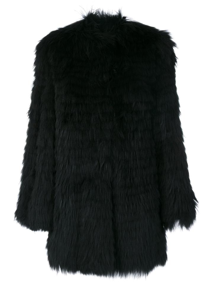 Yves Salomon Marmot Fur Fringed Coat - Black