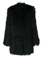 Yves Salomon Marmot Fur Fringed Coat - Black