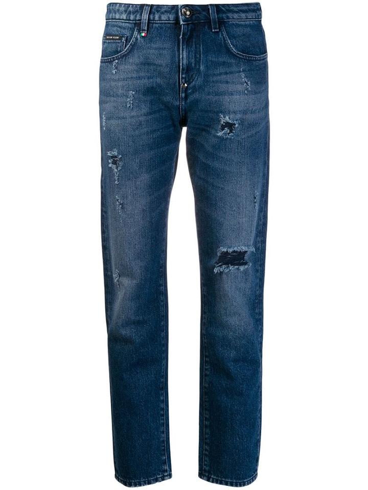 Philipp Plein Low Rise Distressed Straight Jeans - Blue