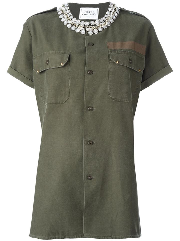 Forte Couture Embellished Military Shirt, Women's, Size: Medium, Green, Cotton