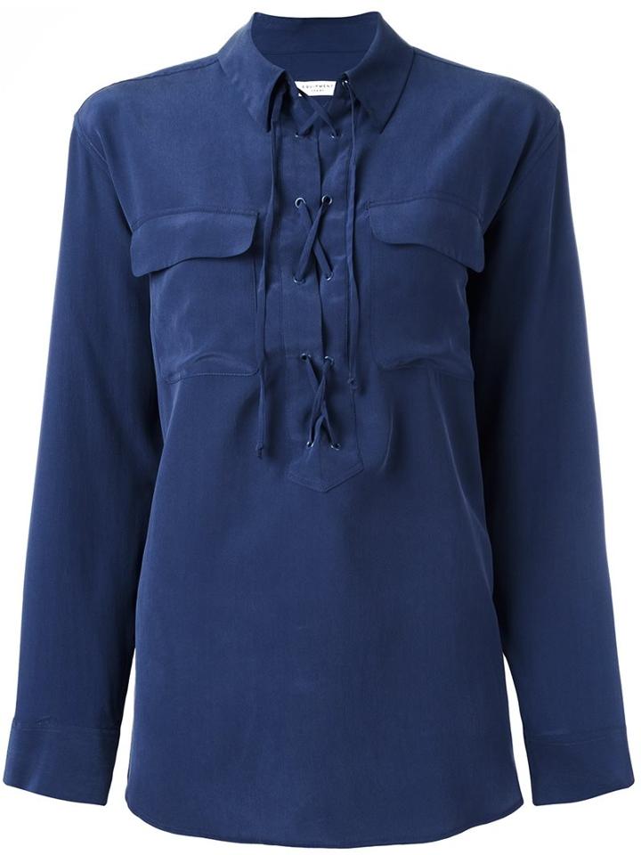 Equipment Lace-up Blouse, Women's, Size: Large, Blue, Silk