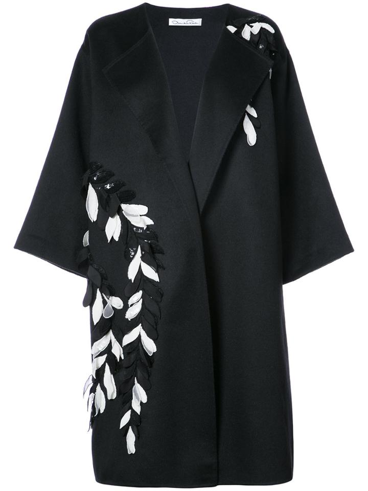 Oscar De La Renta Sequinned Flower Embroidered Coat - Black