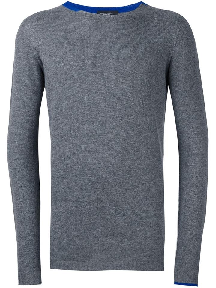 Roberto Collina Cashmere Contrast Collar Sweater, Men's, Size: 48, Grey, Cashmere