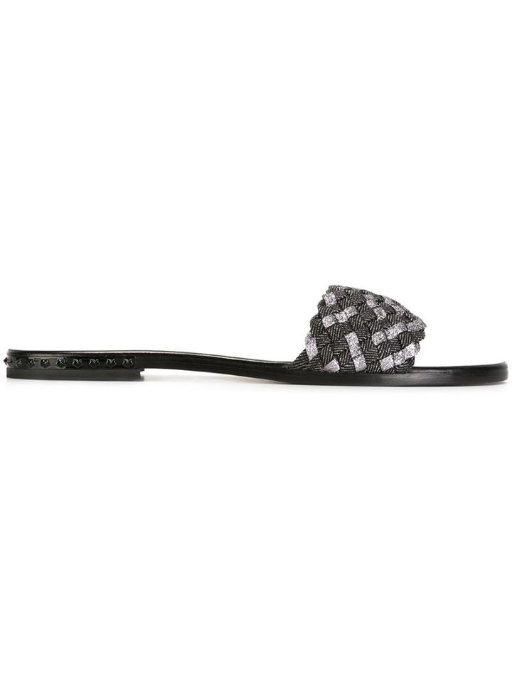 Jimmy Choo Weave Sandals, Women's, Size: 37.5, Black, Leather/patent Leather/cotton