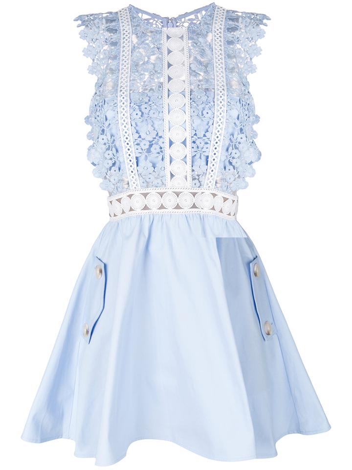 Self-portrait - Lace Panel Mini Dress - Women - Cotton/polyester/spandex/elastane - 6, Blue, Cotton/polyester/spandex/elastane