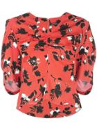 Derek Lam Floating Floral Short Sleeve Blouse With Ruched Detail - Red