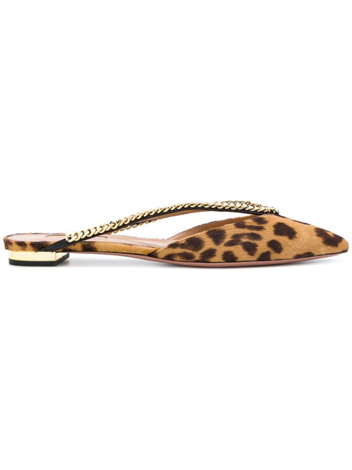Aquazzura Chain Embellished Leopard Print Mules - Brown