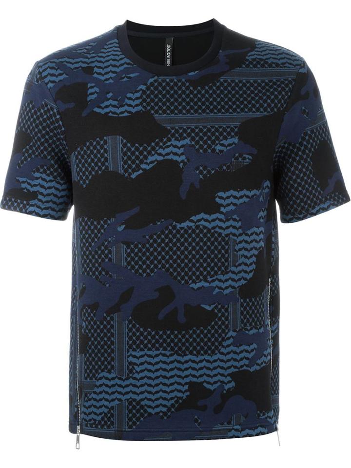Neil Barrett Camouflage Pattern Short Sleeve Sweatshirt, Men's, Size: L, Blue, Viscose/lyocell/spandex/elastane/cotton