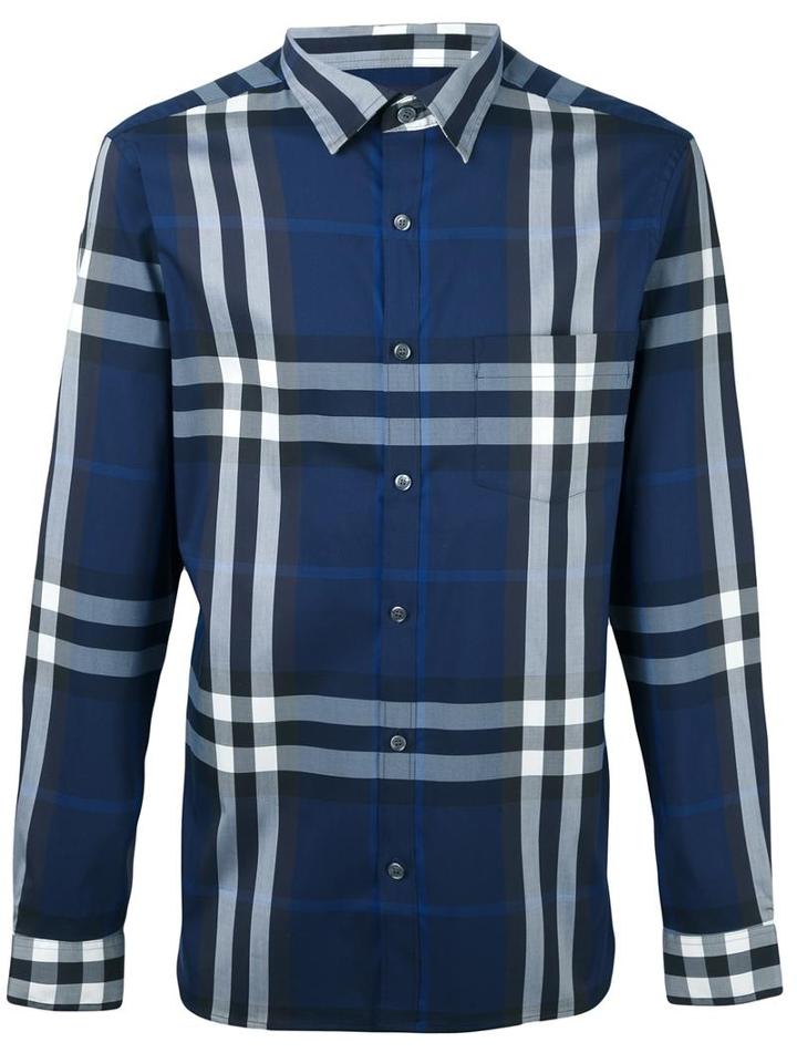 Burberry Checked Shirt, Men's, Size: Medium, Blue, Cotton/polyamide/spandex/elastane