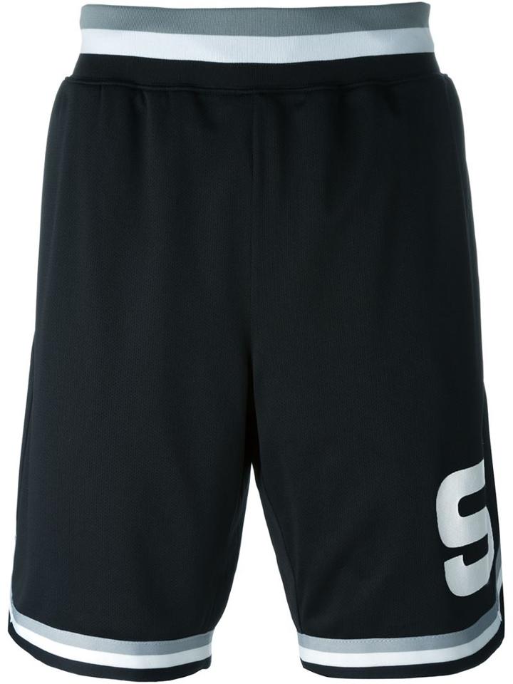 Stussy Striped Hem Basketball Shorts, Men's, Size: M, Black, Polyester