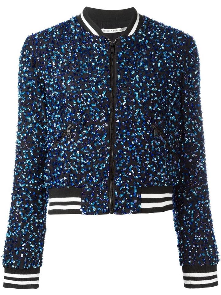Alice+olivia Sequin Embroidery Cropped Bomber Jacket, Women's, Size: Medium, Blue, Polyester/spandex/elastane/silk