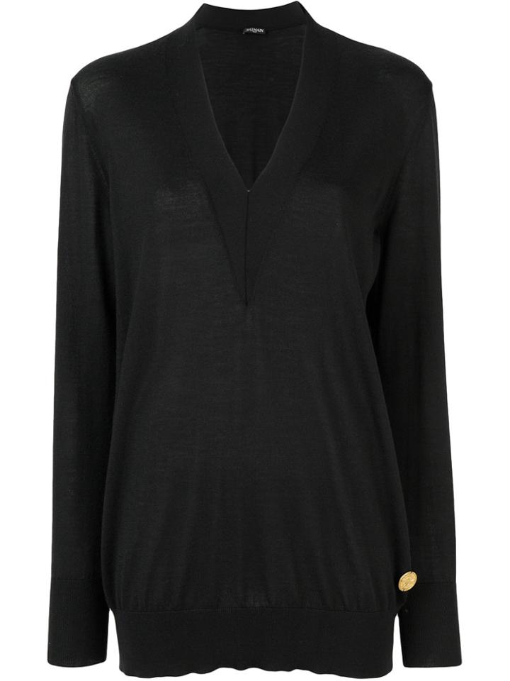 Balmain Embossed Button V-neck Jumper - Black