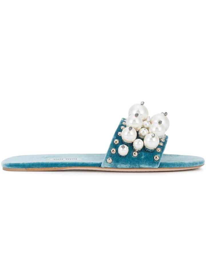 Miu Miu Pearl Embellished Mules - Blue