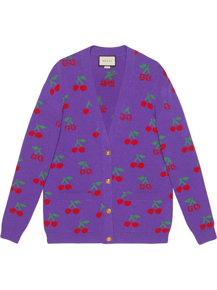 Gucci Wool Cardigan With Gg Jacquard Cherries - Purple
