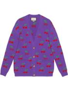 Gucci Wool Cardigan With Gg Jacquard Cherries - Purple