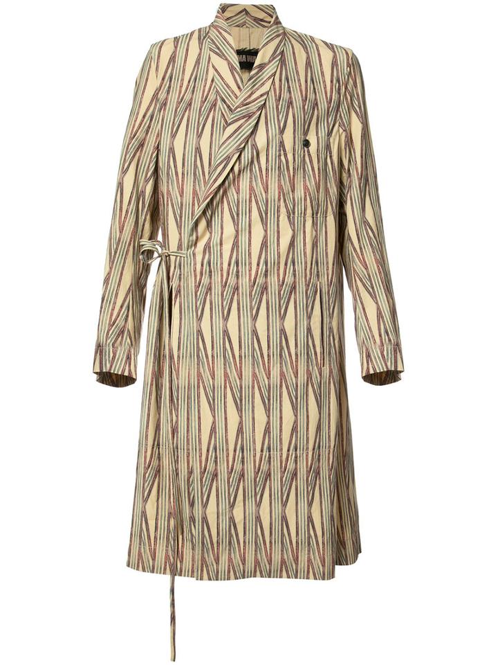 Uma Wang Striped Wrap Coat, Men's, Size: Large, Nude/neutrals, Cotton