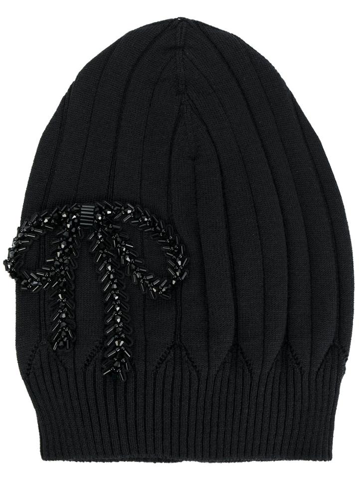 No21 Bow Embroidered Beanie Hat - Black