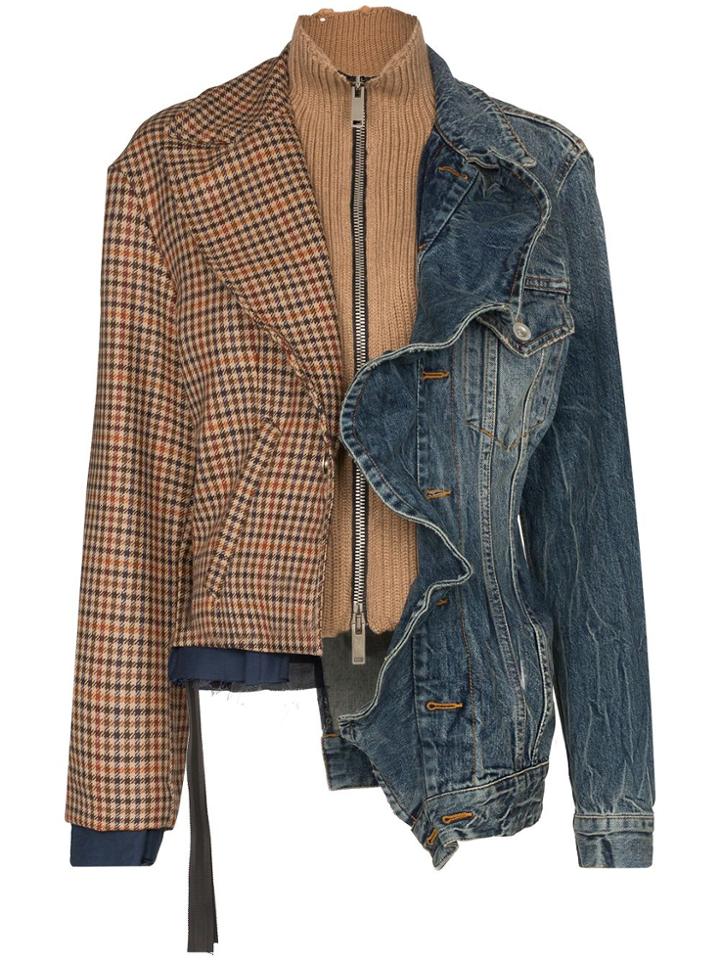 Unravel Project Mixed Fabric Ruffle Denim Jacket - Blue